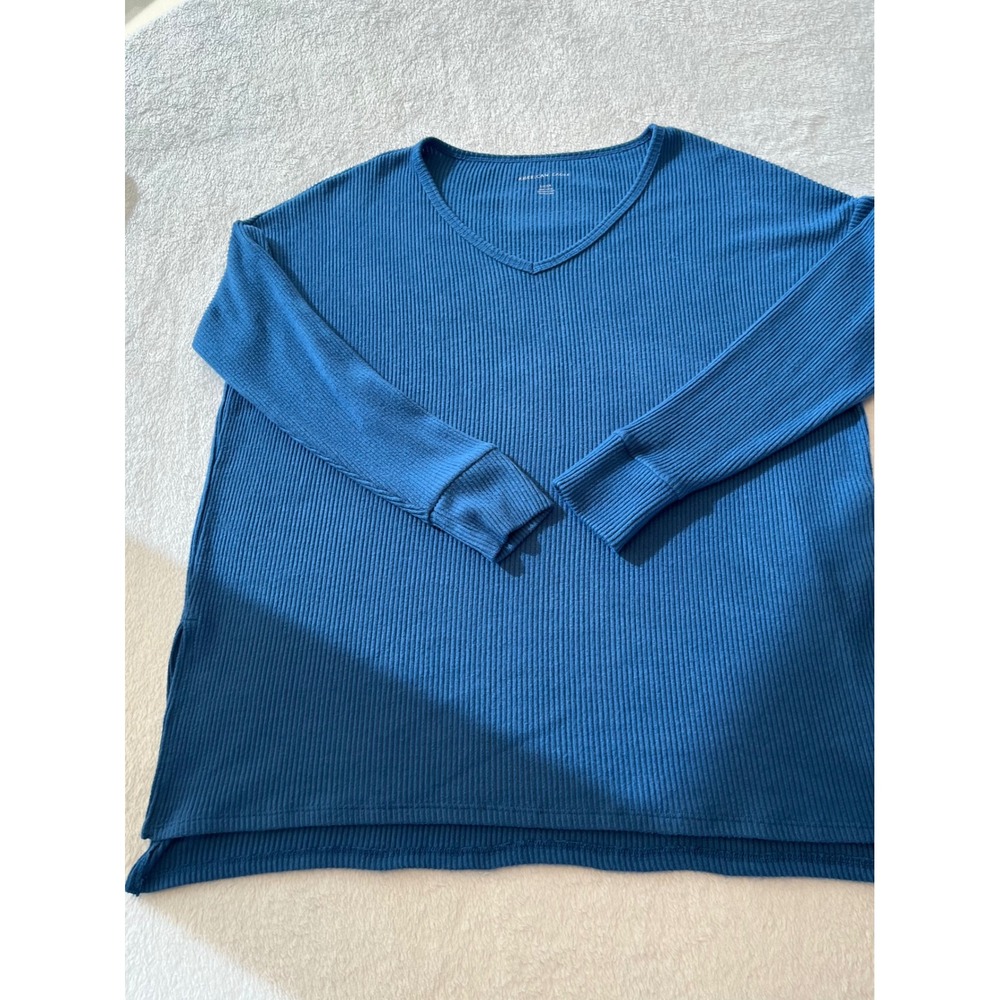 American Eagle‎ Womens Blue Ribbed V-Neck Long Sleeve Oversized Top Small